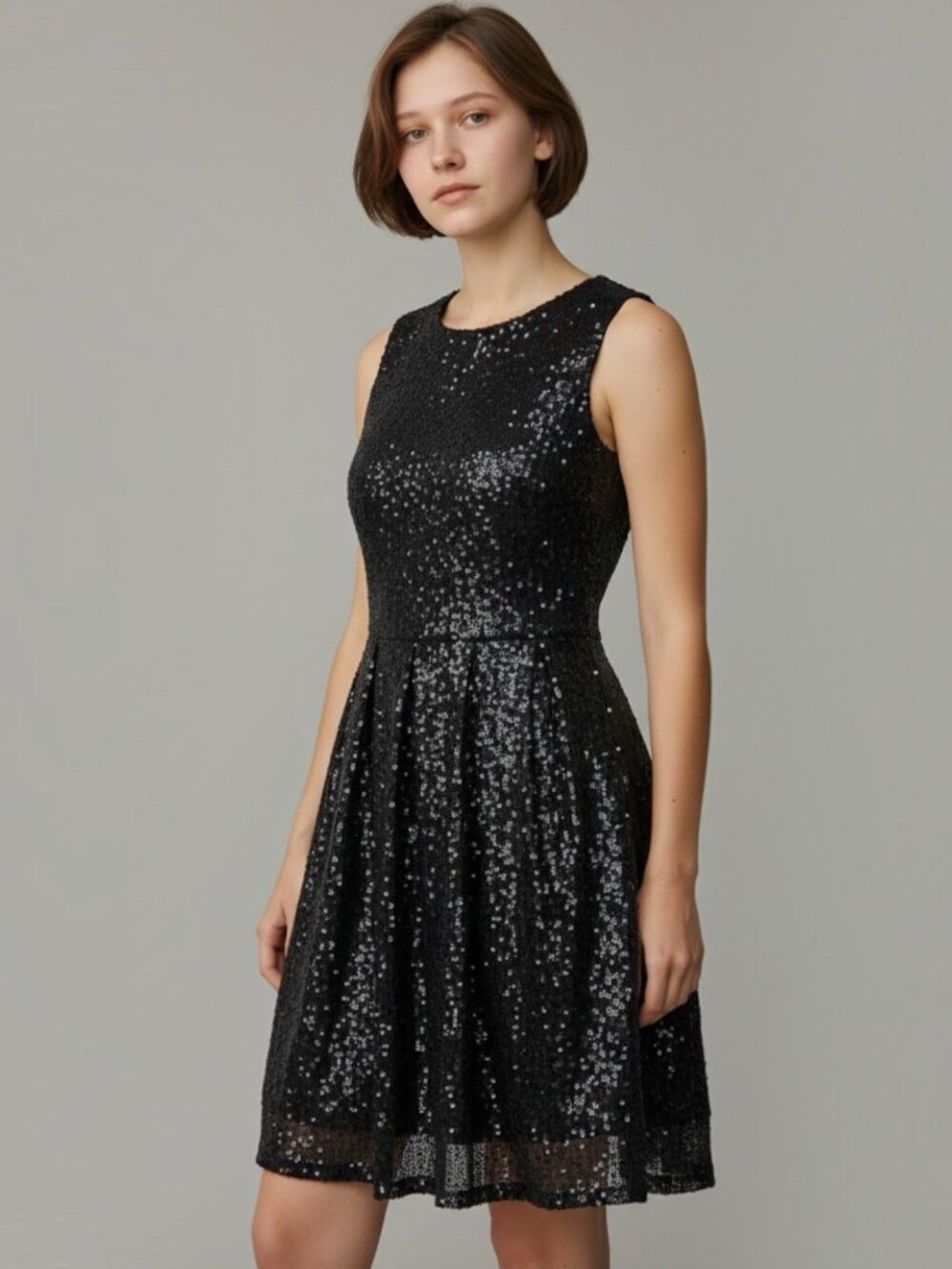 Women Fit & Flare Full Sequin Dress Size S Black Pleated Lined Sleeveless Zip